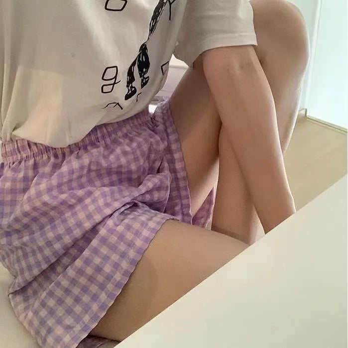 Loose Plaid Shorts Ins Style Shorts High Waist Slimming Wide Legs Casual Home Pants Outdoor Wearing Walking Shorts