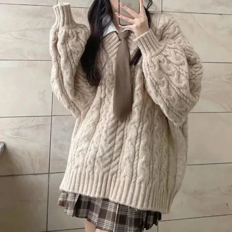 Sweater Harajuku Oversized Knitted Pullovers Korean Long Sleeve V Neck Knitwear Preppy Solid Loose Jumper
