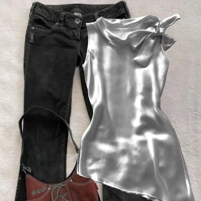 High End French Temperament O Neck Sleeveless Korean Tank Tops Elegant Bow Appliques Design Camioles Y2k Lrregular Simple Tops