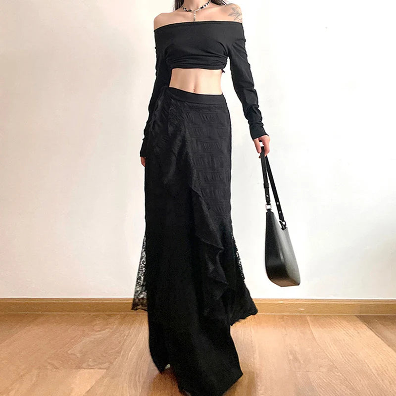 Y2K Black Long Skirt Harajuku Gothic Lace Asymmetrical Maxi Skirts Korean Ruffles Patchwork Bandage Design Faldas