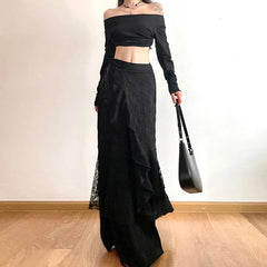 Y2K Black Long Skirt Harajuku Gothic Lace Asymmetrical Maxi Skirts Korean Ruffles Patchwork Bandage Design Faldas