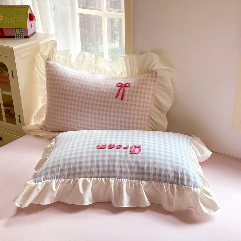 Korean Style Bedding Sets Pink Grid Bow Quilt Cover Romantic Bed Sheet Sets Girls Bedroom Duvet Cover 4pcs