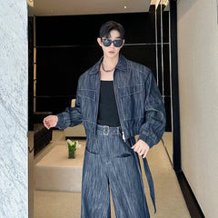 Denim Set Distressed Denim Set Short Lapel Jacket Cargo Pockets Straight Wide Leg Long Jeans Innovative Front Pockets