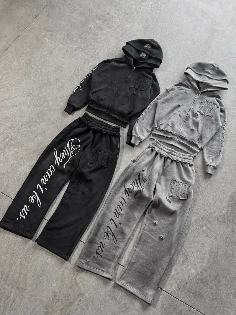 Y2K Harajuku Punk Gothic Loose Hooded Sweatshirt American Embroidered Patch Casual Double Hooded High Street Retro Sports Sui