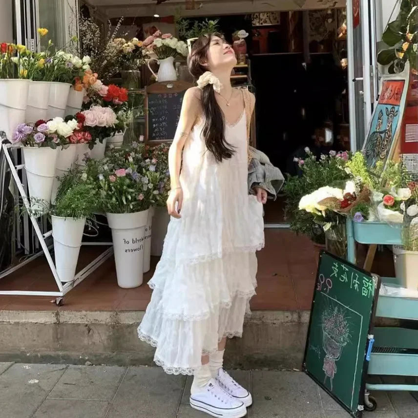 SweetAge-ReducingWhite French Style Tank Dress Loose Fit Long Dress