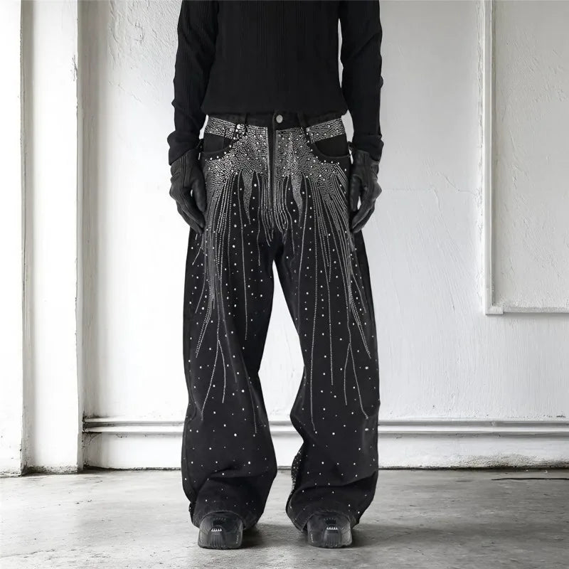 High Street Denim Pants Retro Full Diamond Stamping Hip-hop Loose Straight Leg Wide Leg Streetwear Jeans