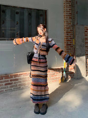 Korean style Streetwear Long-sleeved Cardigan Striped Knit Sling Dress Two-piece Suit
