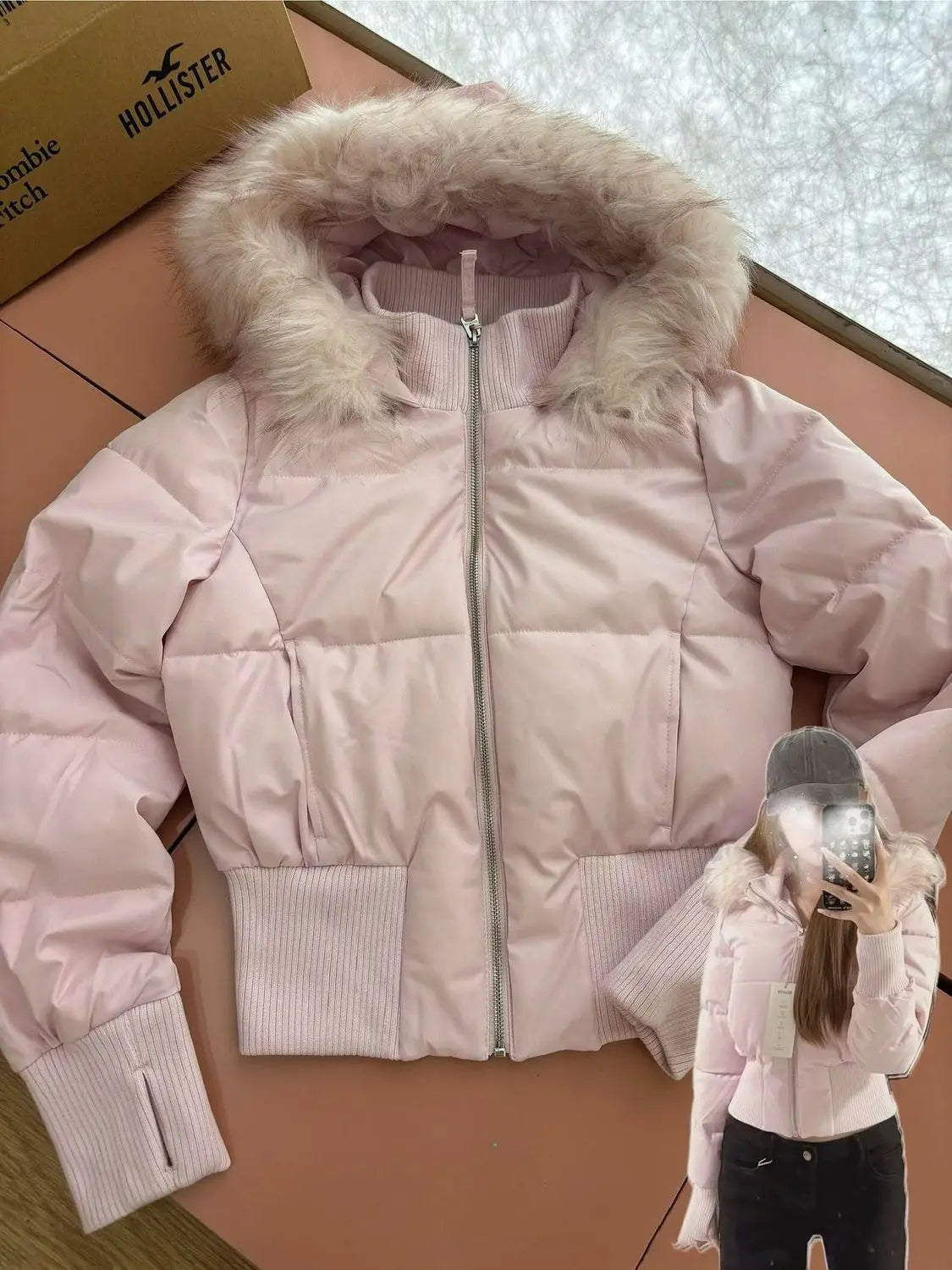 American Retro Pink Fur Collar Hooded Short Cotton Coat High Street Fur Collar Hooded Cotton Coat Jacket Women