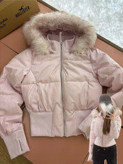 American Retro Pink Fur Collar Hooded Short Cotton Coat High Street Fur Collar Hooded Cotton Coat Jacket Women