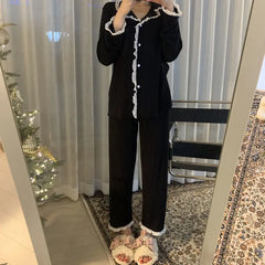Korean Style Cute Pajama Sleepwear Lady Long Sleeve Tops Pants 2Piece Pyjamas Solid Lingeries Sets Nightwear