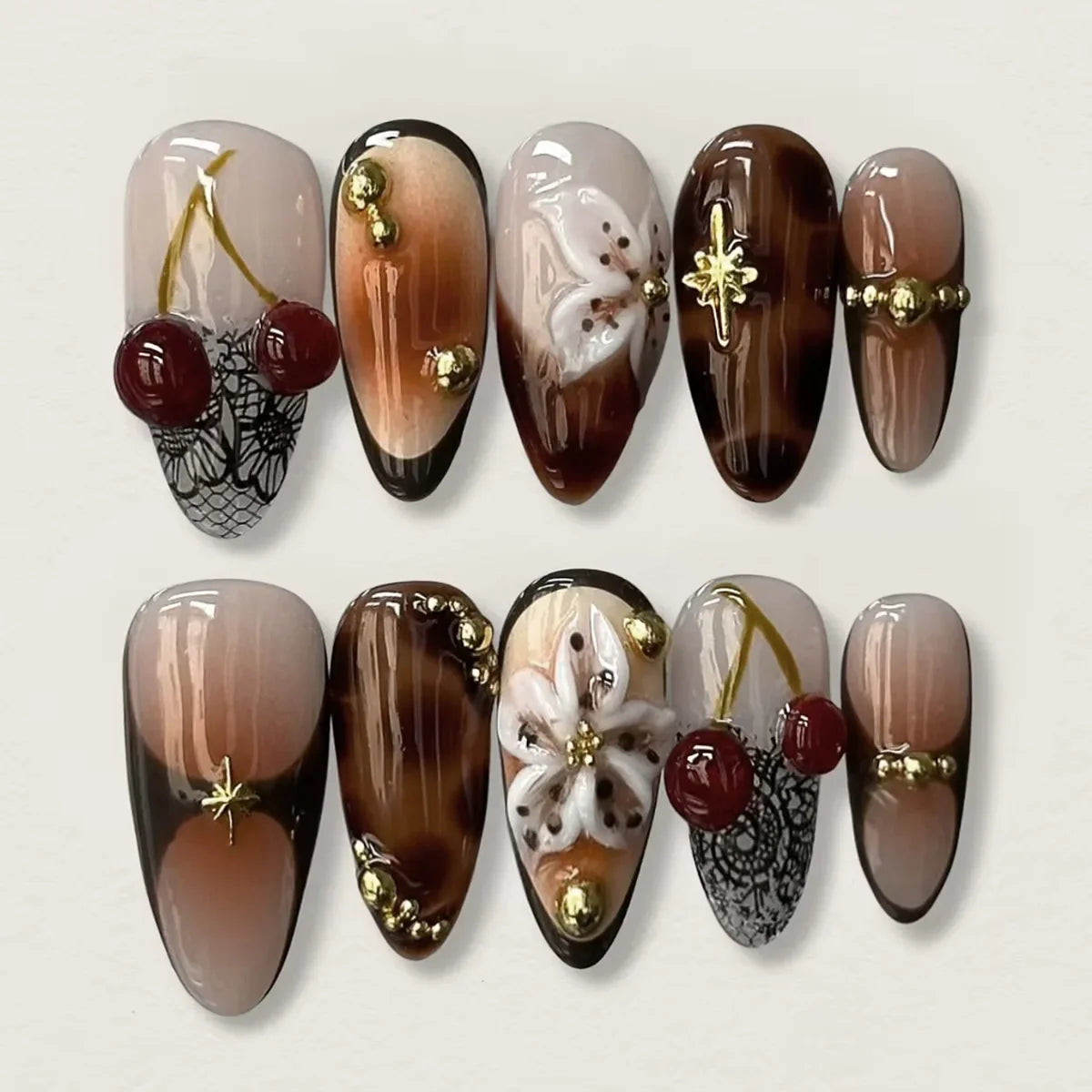 24Pcs Black Y2k Long False Nails with Almond Head Design Cat's Eye Silver Stripe Pattern Press on Fake Nails Wearable Nail Tips