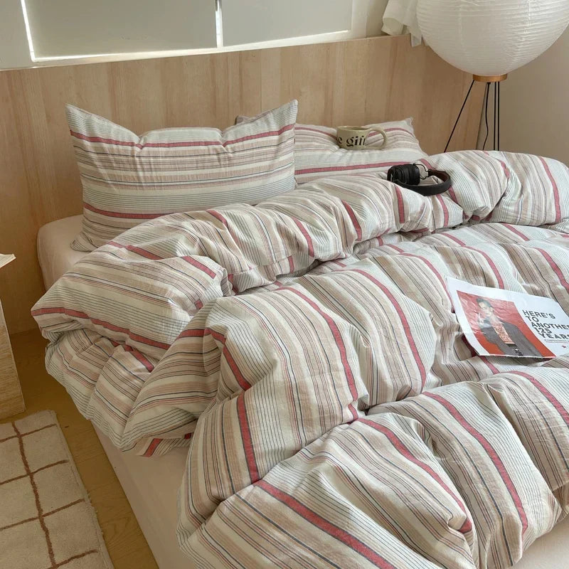 1pc Korean Cotton Pink Stripes Duvet Cover 150x200 Size Girl's Room housse de couette Skin friendly Breathable Comforter Sets