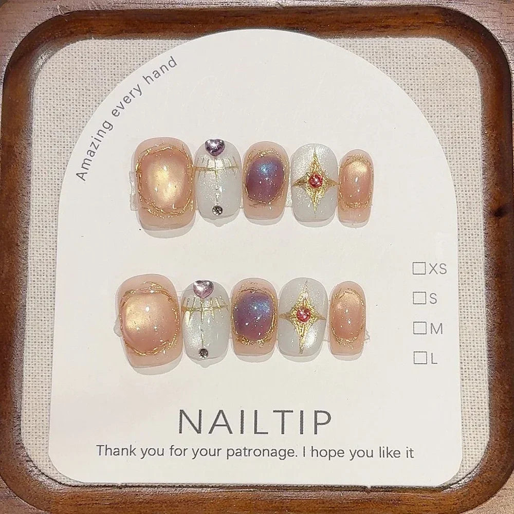 10Pcs Handmade Nude Color Press On Nails Sparkling Cat-Eye Cherry Star Marine Elements Sequins Cute Girlish Nail Suitable