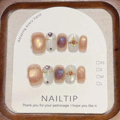 10Pcs Handmade Nude Color Press On Nails Sparkling Cat-Eye Cherry Star Marine Elements Sequins Cute Girlish Nail Suitable