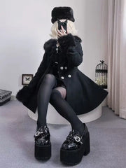 Japanese Slim Bow Long Sleeve Coat Elegant Fur Collar Lace Overcoat Design Chic Sweet Woolen Cloth Coat