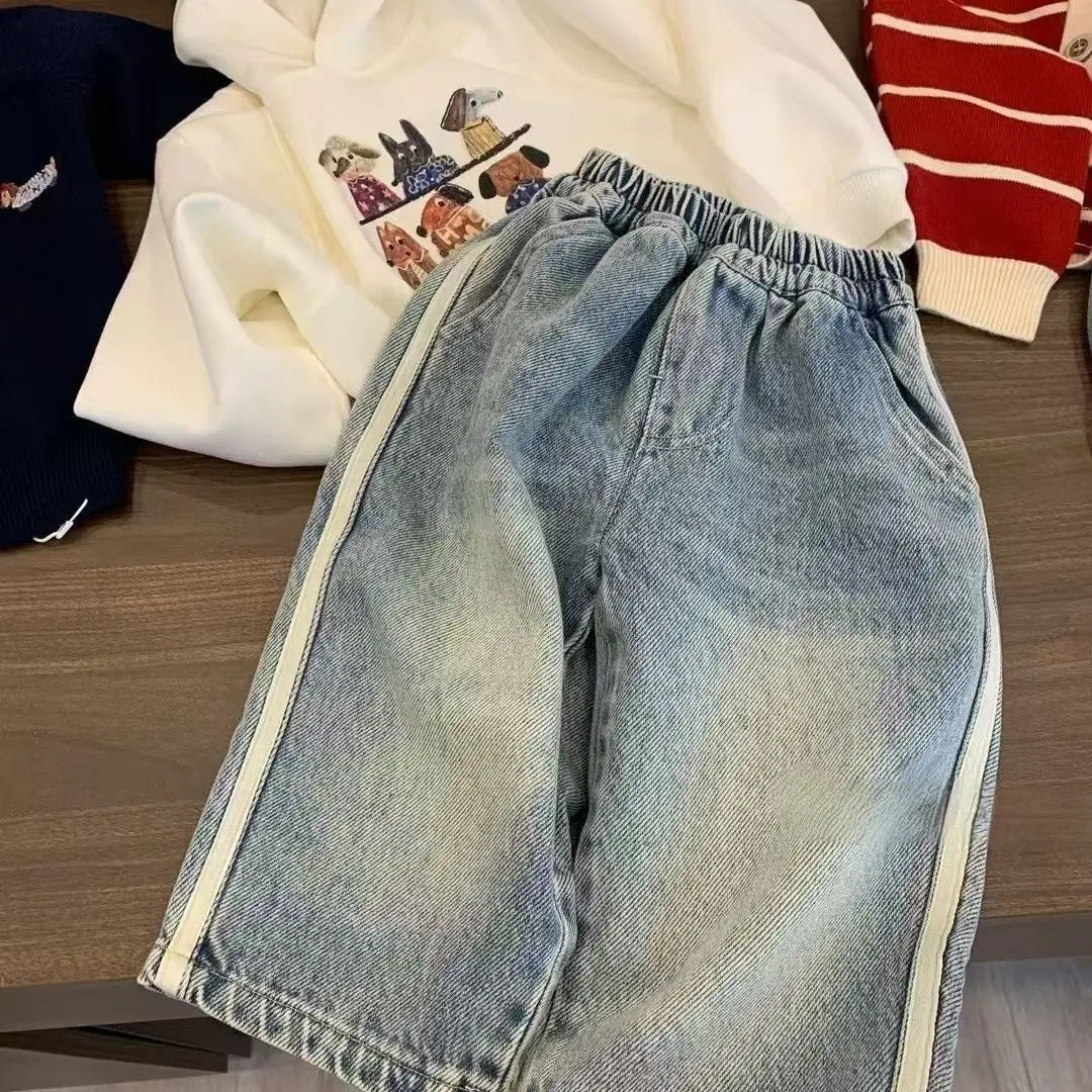 Boys Children's Denim Overalls Loose Casual Pants Girls Wide Leg Jeans Kids Straight Denim Trousers