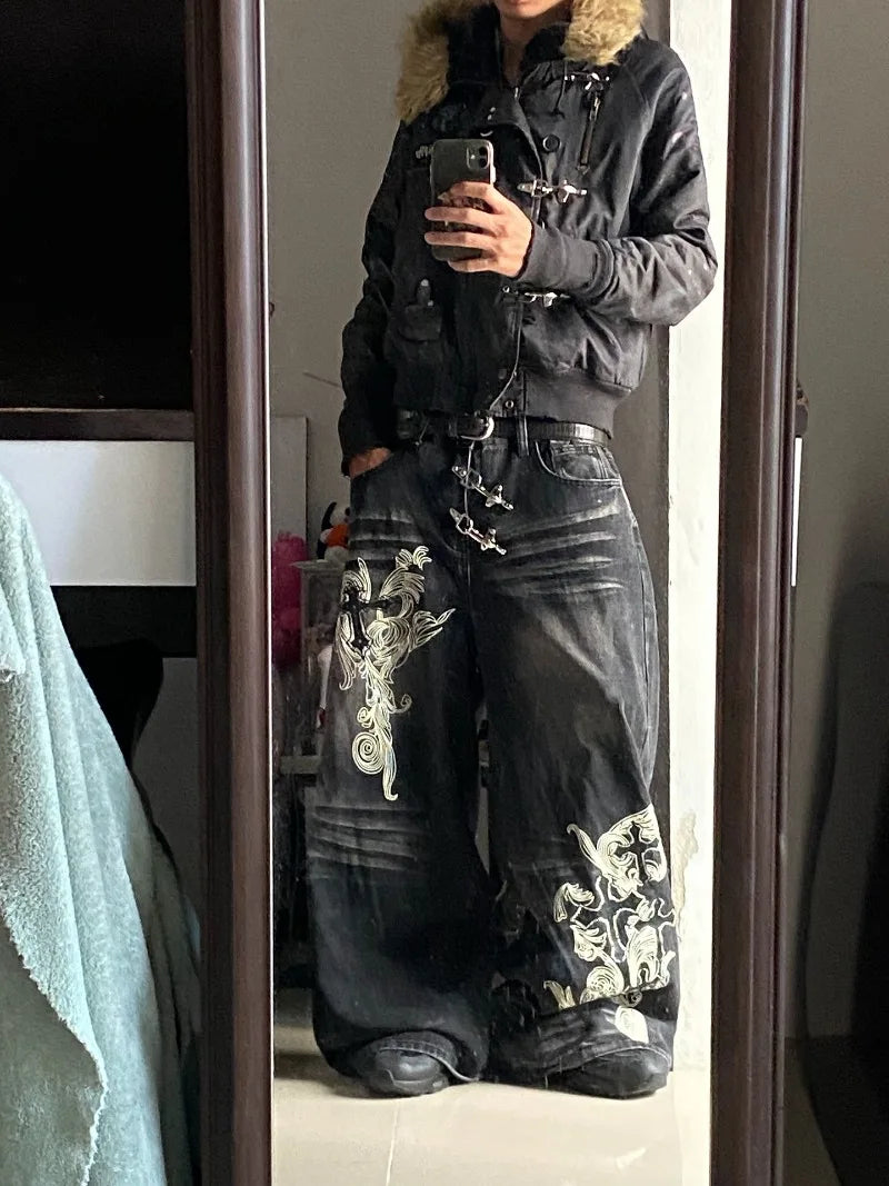 American Vintage Pattern Printing Black Baggy Jeans Y2K Gothic Harajuku Hip Hop Casual Joker Wide-leg Pants