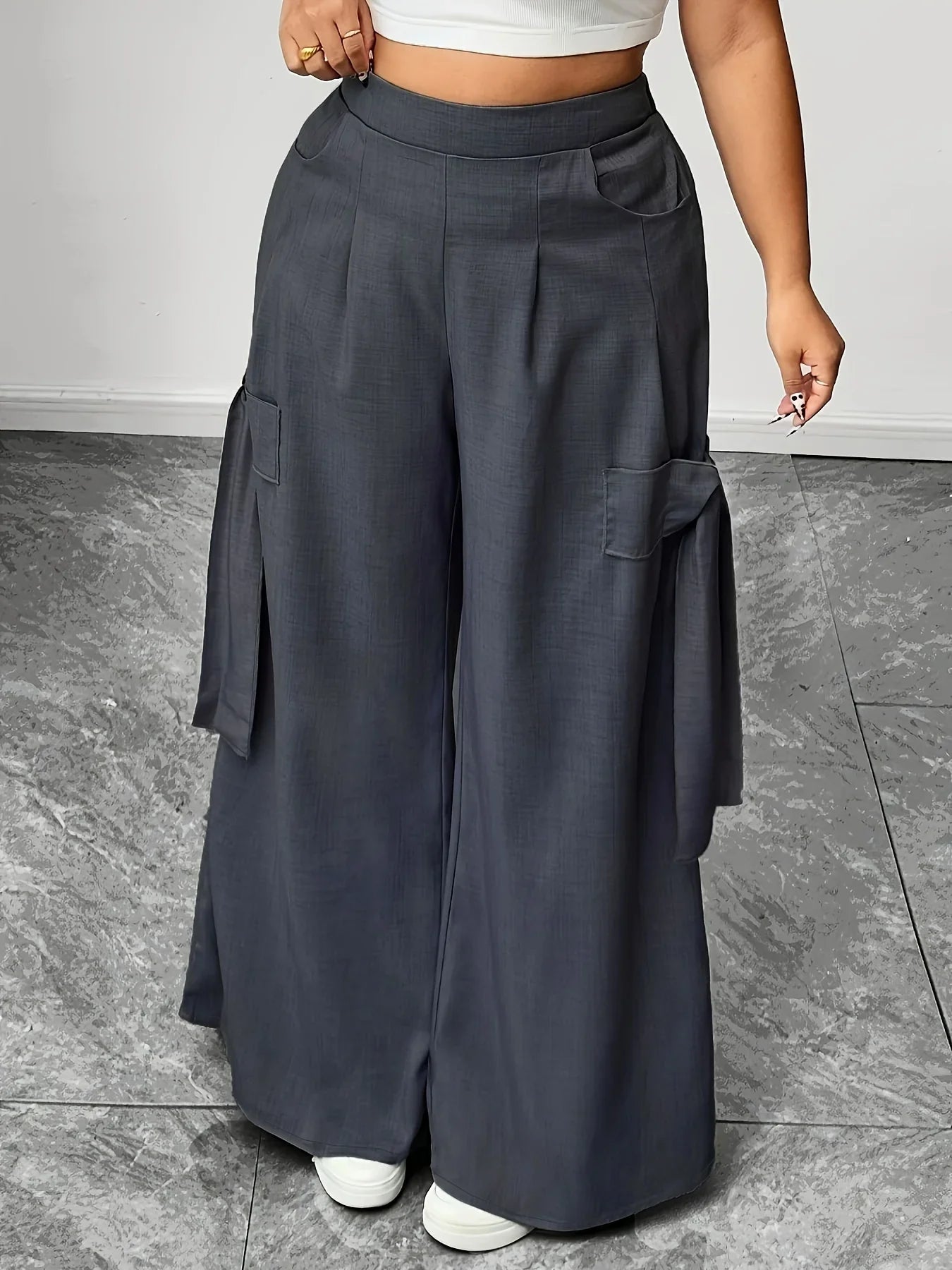 Graphite Gray Oversized Woven Casual Pants Comfortable Loose Fit High Waist Straight Leg Trousers Graphite Gray