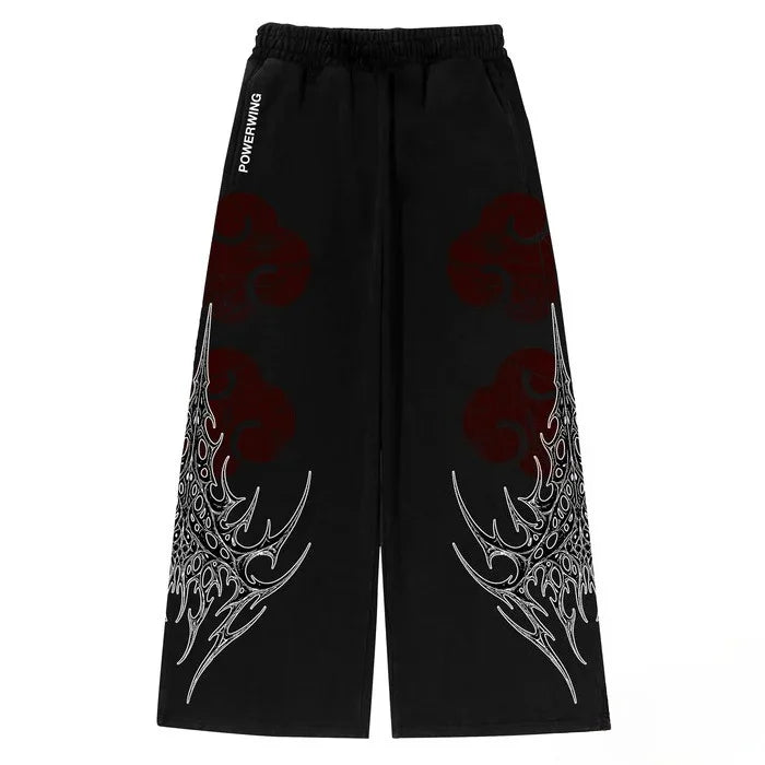 Anime Cloud Print Wide Leg Pants Streetwear Harajuku Loose Trousers with Wing Pattern Elastic Waist Casual Bottoms