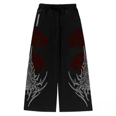 Anime Cloud Print Wide Leg Pants Streetwear Harajuku Loose Trousers with Wing Pattern Elastic Waist Casual Bottoms