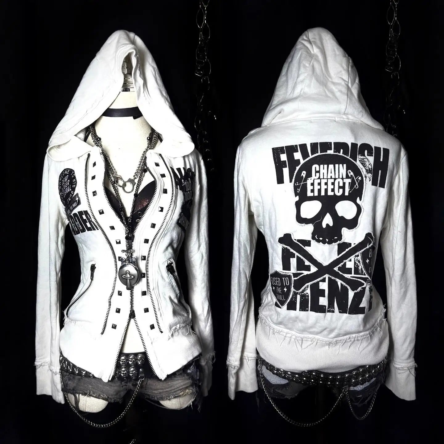 Retro Dark Style Zipper Hoodie Y2K Clothess Hip Hop Skull Patch Embroidery White Oversized Sweatshirt