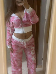 Pink Camouflage Set Y2K Streetwear Sportswear Gym Workout American Hip Hop Hoodie Two Piece Set Tracksuit