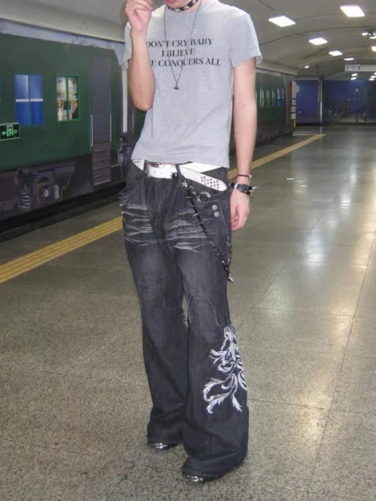 American Retro Flared Jeans Harajuku Wide Leg Y2k Gothic Vintage Embroidery Denim Pants Baggy Hip Hop Streetwear