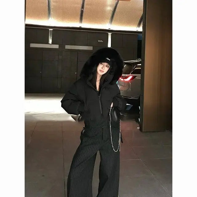 Solid Color Fur Collar Zipper Parka Jacketable Simple Trendy Zipper Short Jacket Harajuku Y2k Zipper Short Jacket