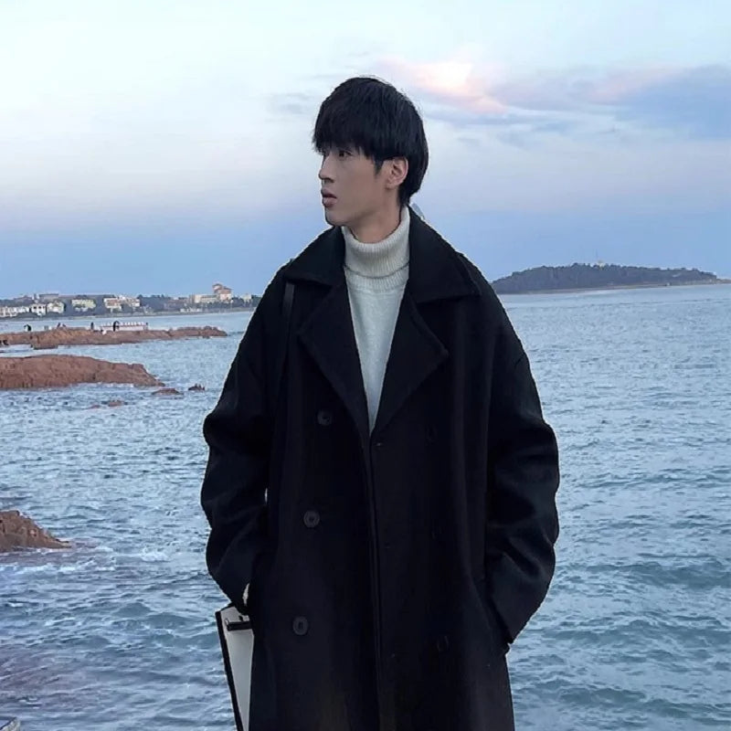 Trench Black Thick Woolen Trench Coats Korean Style Male Casual Trenchcoat Streetwear Windbreaker