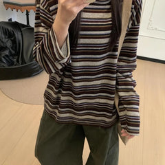 Long Sleeve Striped Korean Style Loose T-shirt Polyester Fiber round Neck Casual Slimming Top