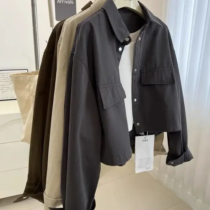 Loose Short Collared Workwear Jacket Style Versatile Korean Neutral Flip Collar Utility Coat Trend