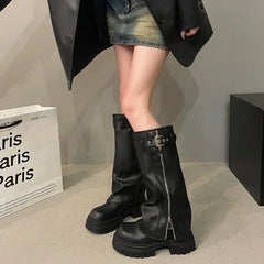 Biker Boots Belt Buckle Ladies Elegant Platform Long Pipe Booties Casual Knee High Booties