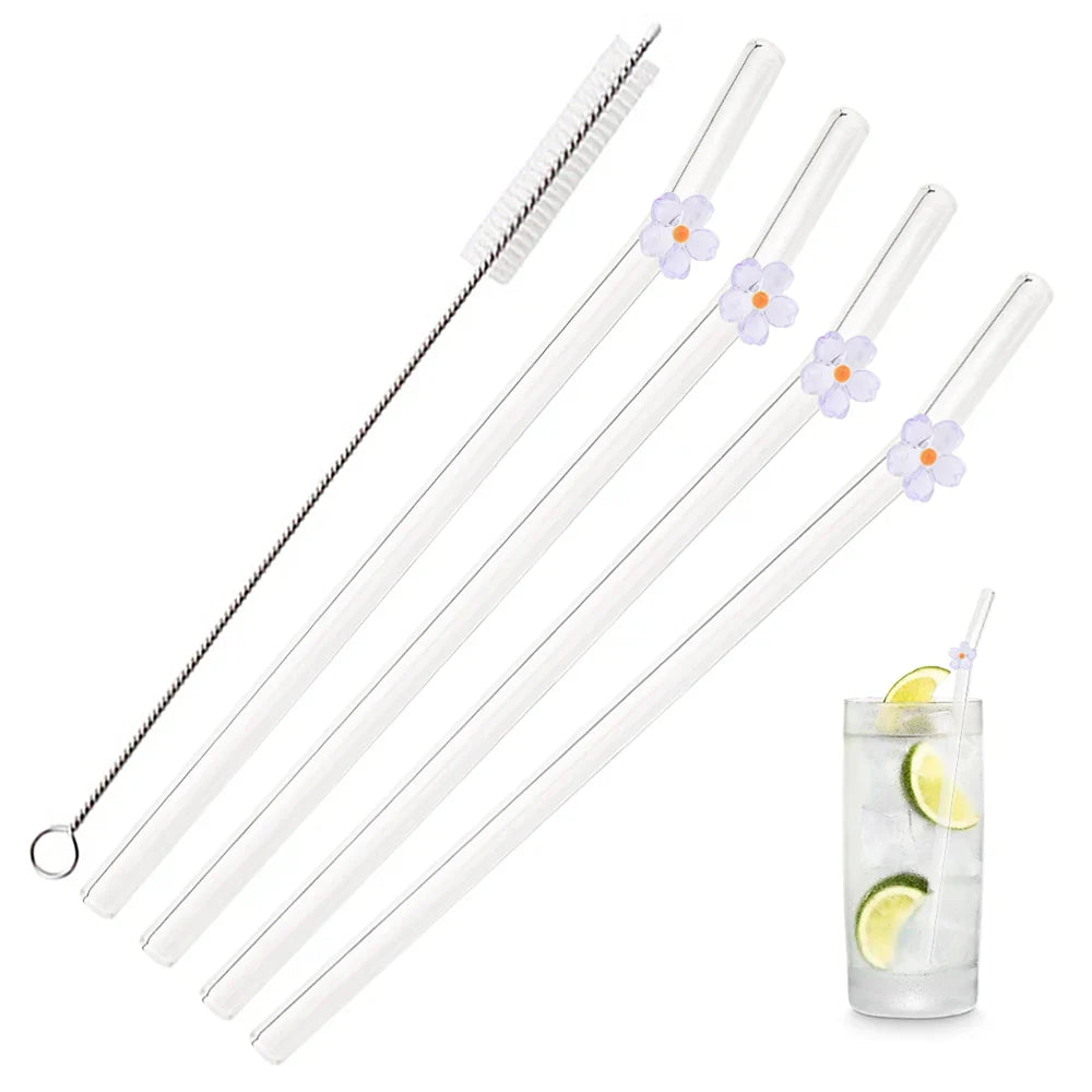 5Pcs 8mm Glass Straw Reusable Drinking Straws Cute Flower Heat-Resistant Straw
