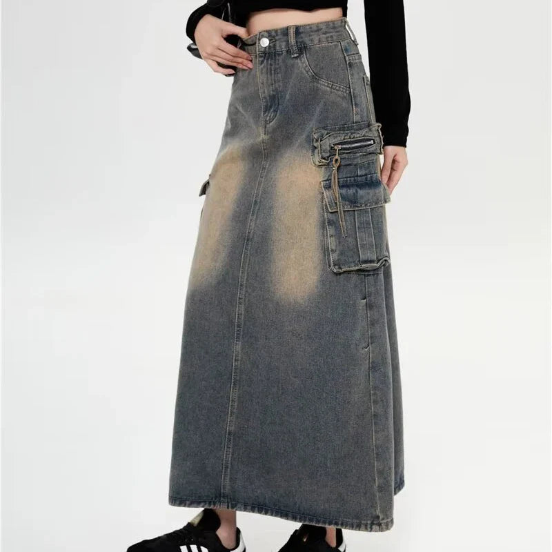 Y2k High Waist Denim Ankle Length Cargo Skirts Girls Robe Cool Wrap Dress Retro Blue A Line Long Jeans Skirts