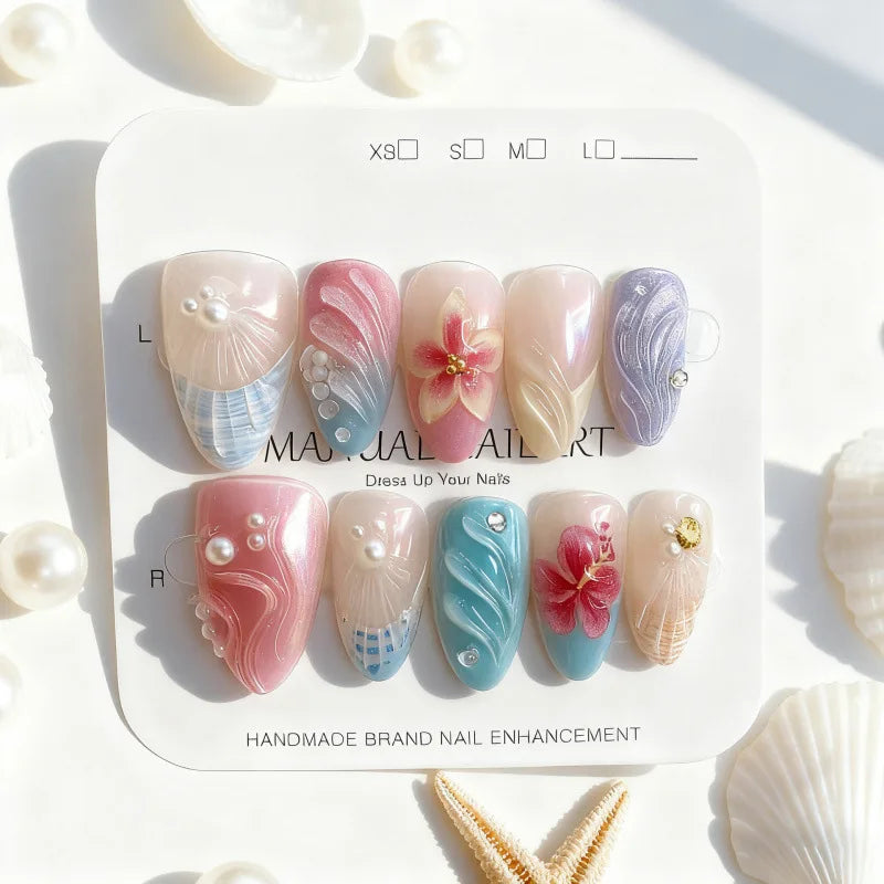 24PCS Sweet Pink Blush French Almond Press on Nails 3D Flower Ripples Fake Nails