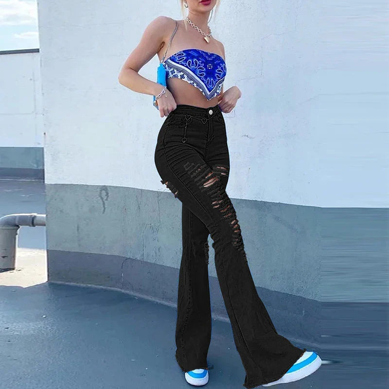 High Waist Black Flare Jeans Lady Bell Bottom Ripped Denim Pants Streetwear Distressed Classic Full Length Long Trouser