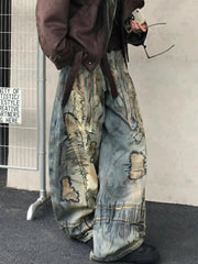 American Street Destruction Style Embroidered Denim Pants Oversized Retro Wash Personality Loose Casual Wide Leg Jeans