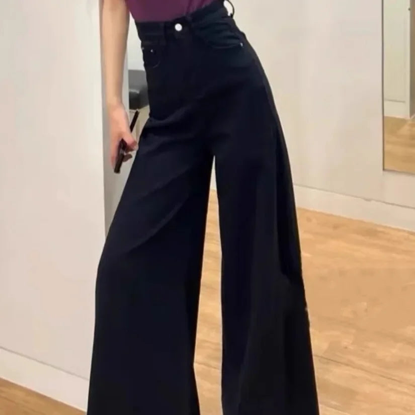 High Waist Wide Leg Denim Jeans Washed Versatile Loose Slimming Draping Long Pants Korean Style