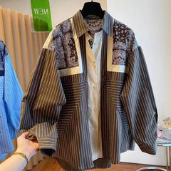 Korean Print Spliced Striped Long-Sleeved Shirt Loose Casual All-match Lapel Blouse Lady Tops