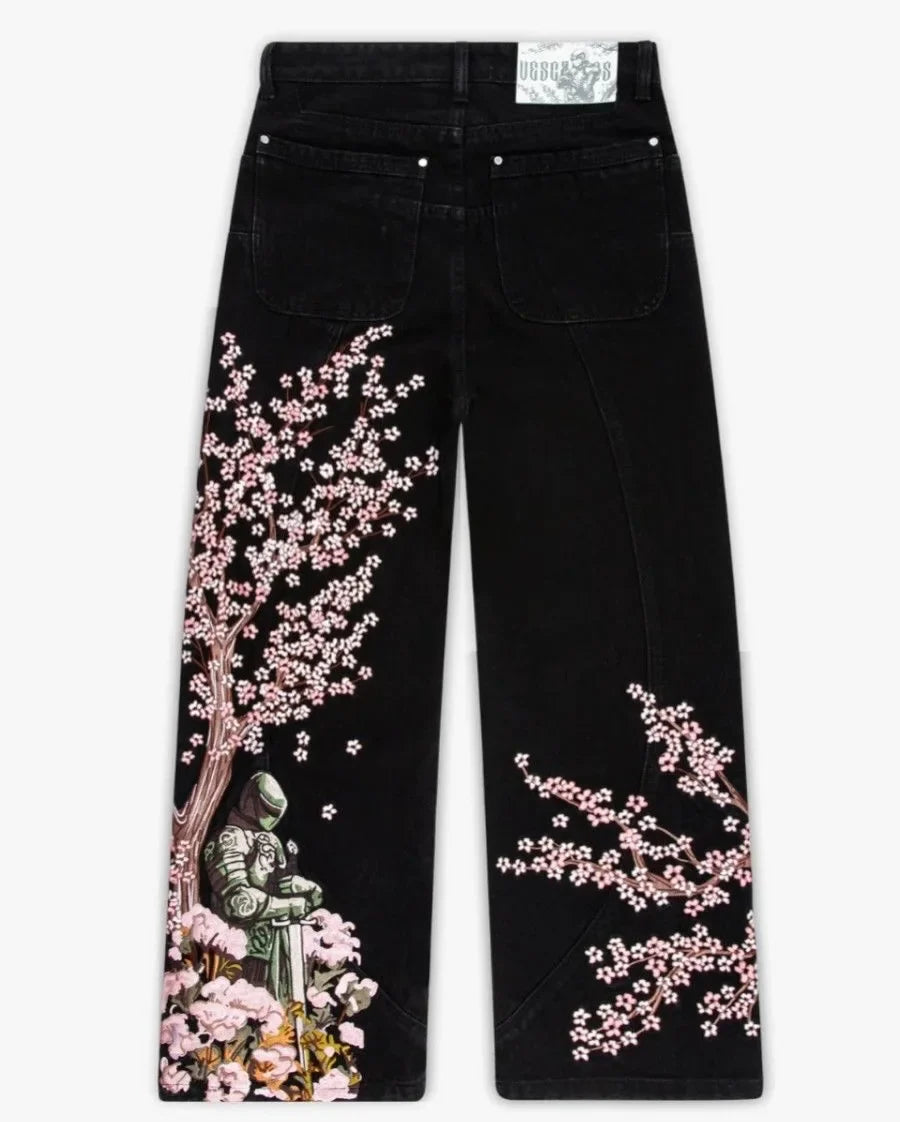 Hip Hop Cherry Blossom Embroidery Baggy Jeans Harajuku Wide Leg High Waisted Denim Pants Y2k Trend Jeans Clothing