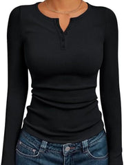 Fashionable Long Sleeve Slim Fit Henry Collar T-Shirt Ribbed Basic Style Top