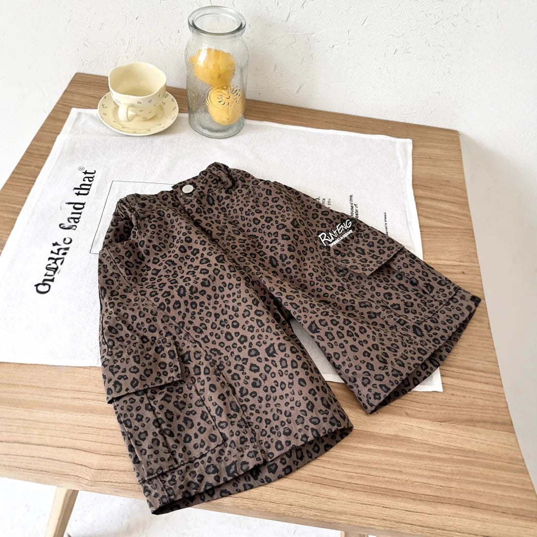 Girl Pants Childrens Clothing Korean Style Girl Baby Retro Leopard Print Wide Leg Cargo Pants Casual Daily