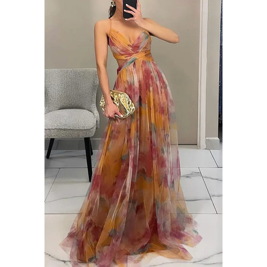 Elegant Print Pleated Mesh Evening Dress Off Shoulder Ins Vacation Long Dress V Neck High Waist Backless Sling Dress