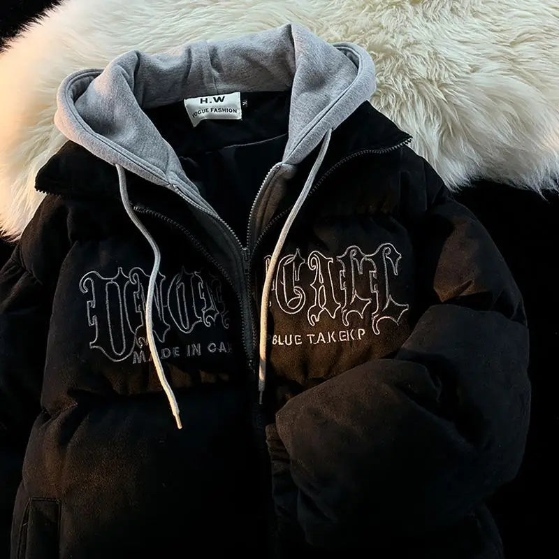 American Niche Ins Fake Two-piece Hooded Bread Coat Y2K Street Loose Retro Couple Coat Tide