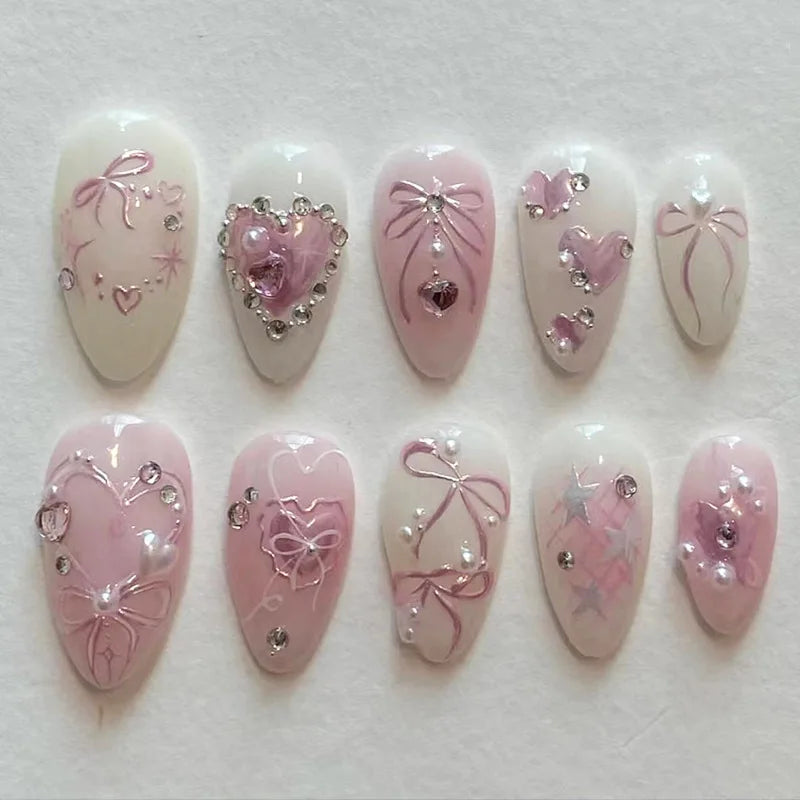 24PCS Wine Red Almond Press on Nails Cartoon Rabbit Bowknot with Plaid Pearl Designs French Fake Nails