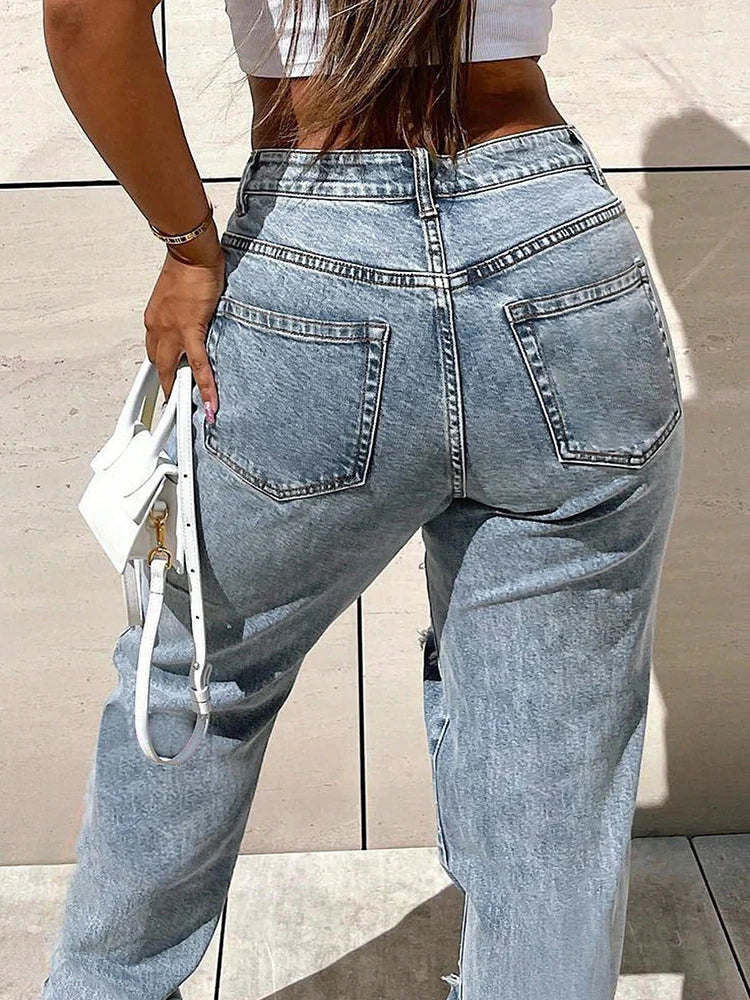 Design Clothing Denim Pants Butterfly Print Ripped Straight Trousers High Waist Slim Jeans Long Pants YYZZ9260
