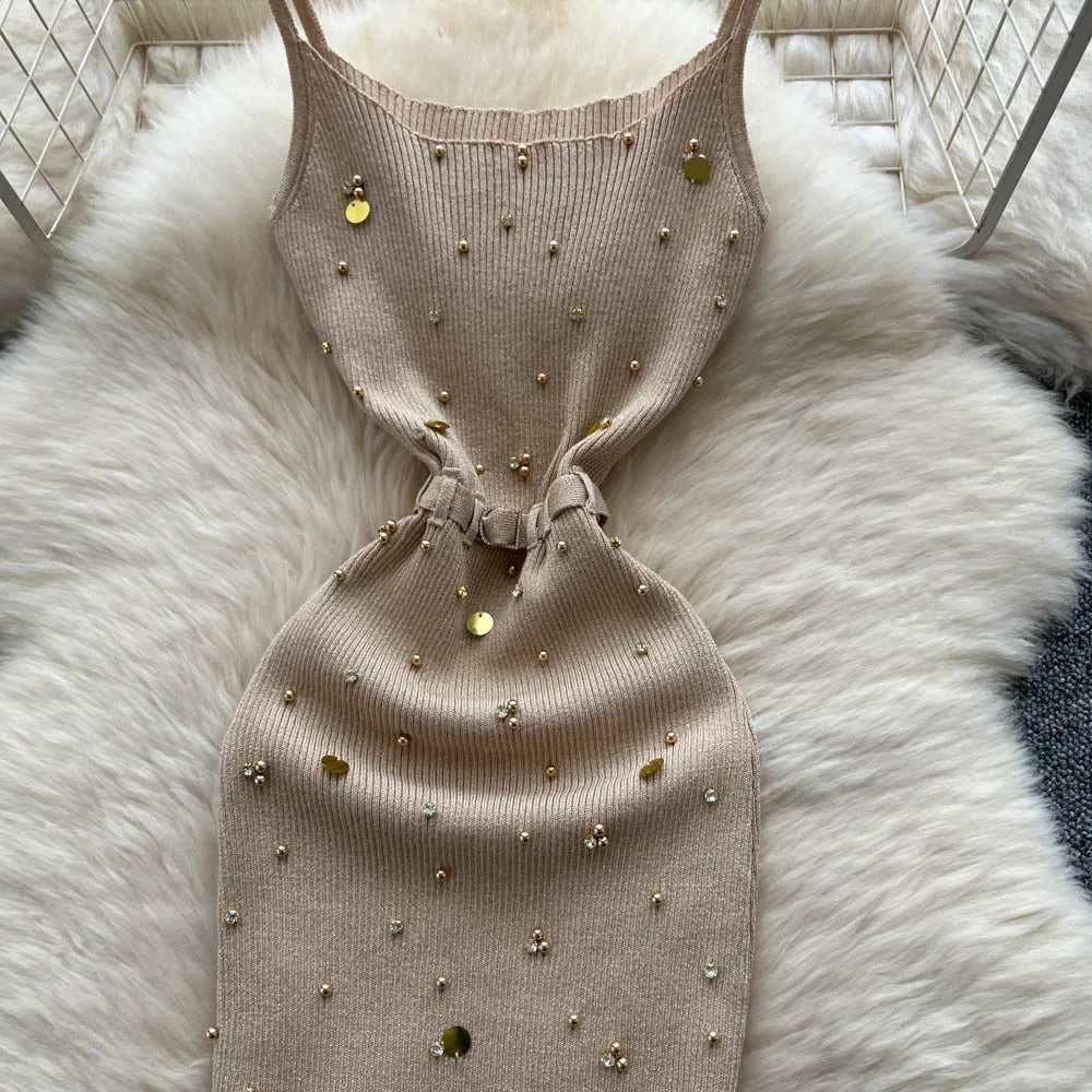 Knitting Split Long Dress Sleeveless Sequins Diamonds With Sashes Skinny Sundress Dress