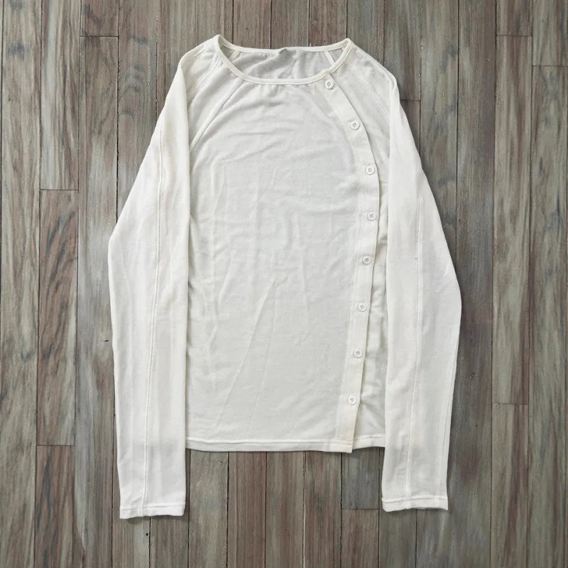 Y2K Solid Color Button Round Neck T-shirt Casual Edition Retro Trend
