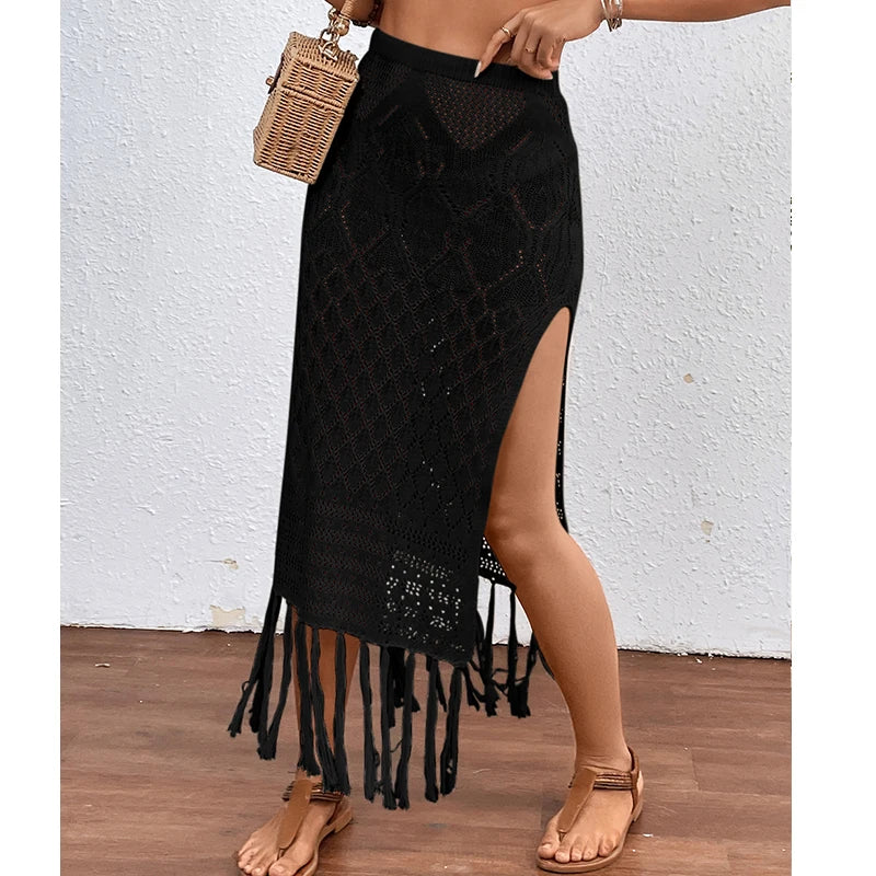 Knitted Texture Sarong Skirts High Slit Tassel Cover-Up Beach Vacation Wrapped Skirt Bikini Cover Up