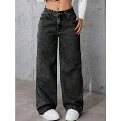 Classic Wide Leg Stretch Jeans with Button Soft Comfortable Vintage Wash Stylish Jeans High Street Pants